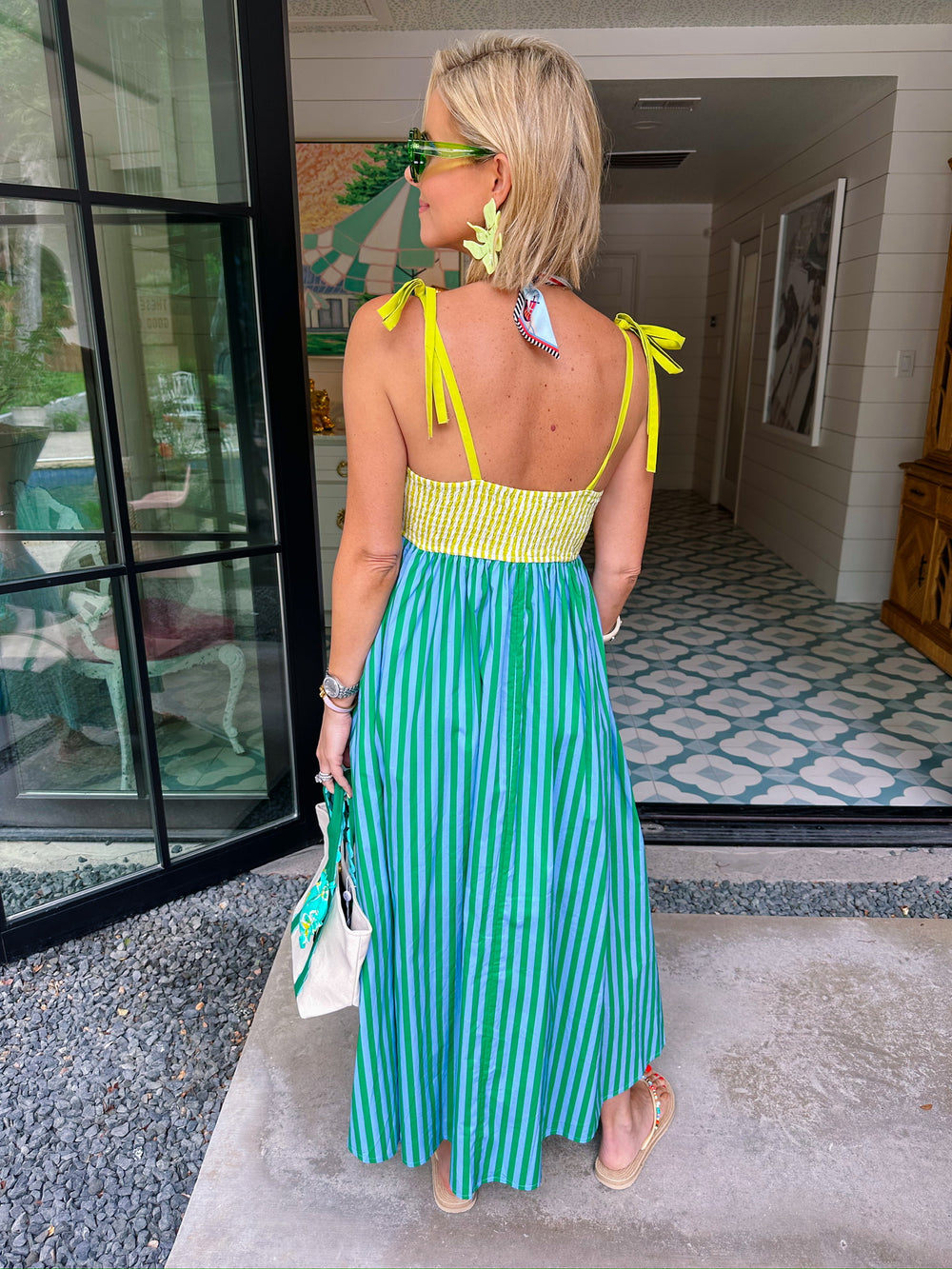 BRIGHTER DAYS AHEAD SCALLOP STRIPE MIDI DRESS - GREEN/BLUE