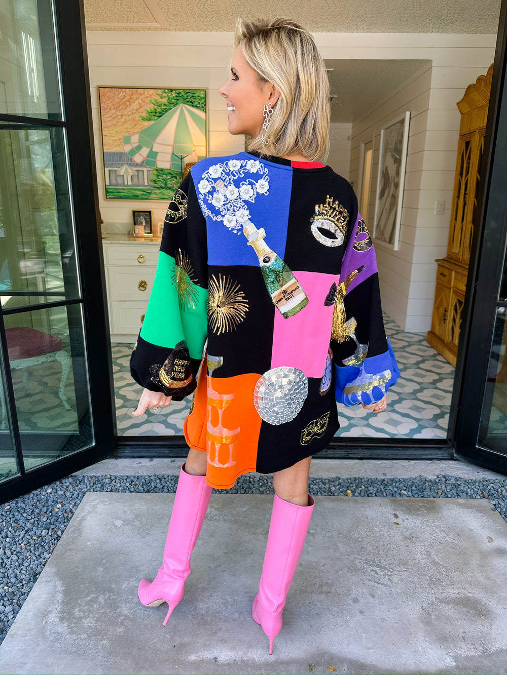 NYE ICON BUBBLE SLEEVE CHECKERED DRESS