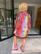 TECHNICOLOR JUNGLE ABSTRACT LEOPARD BUTTON UP DRESS