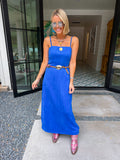 SKYE SUEDE ADJUSTABLE STRAP MIDI DRESS - BLUE