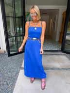 SKYE SUEDE ADJUSTABLE STRAP MIDI DRESS - BLUE
