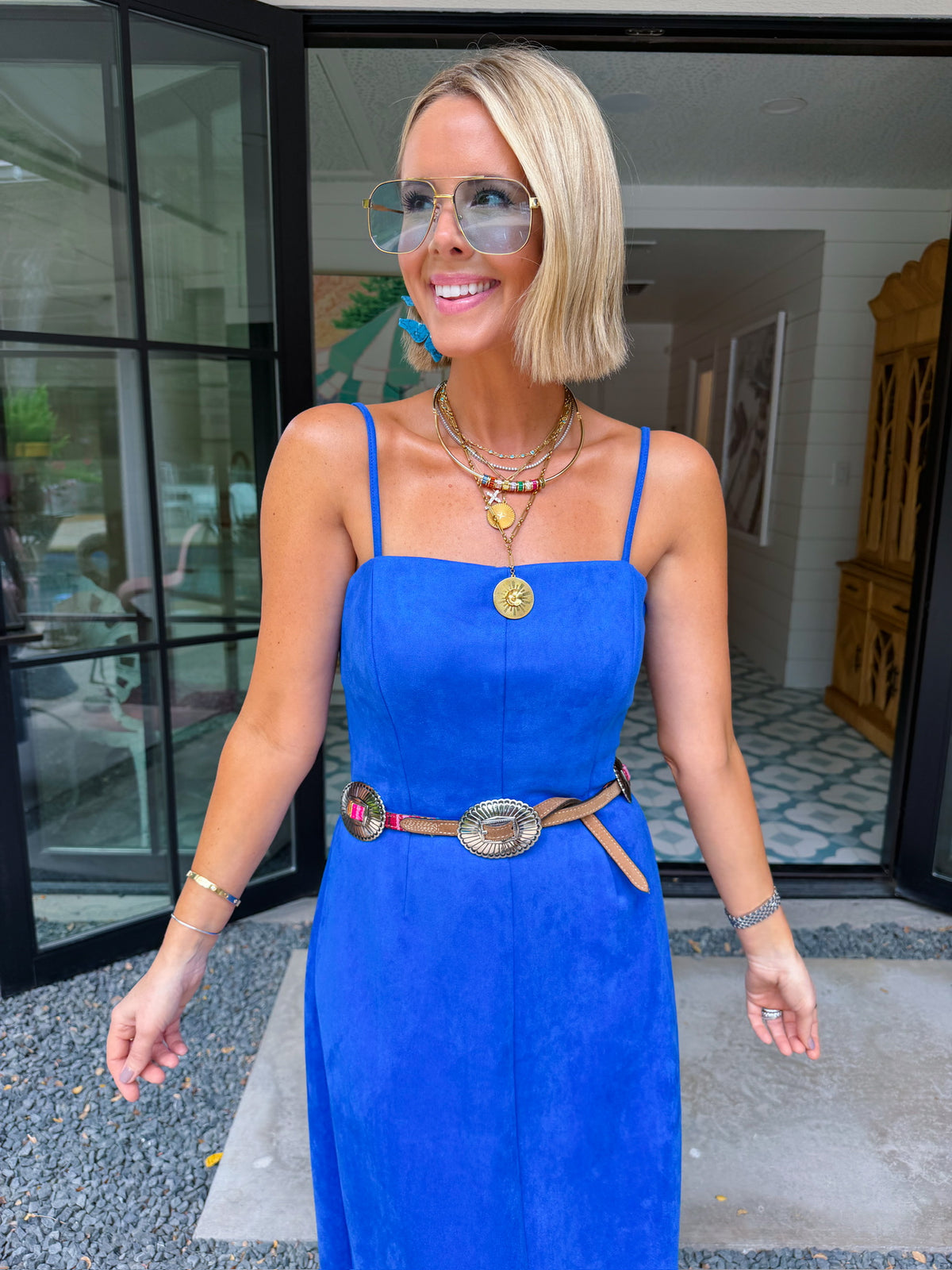 SKYE SUEDE ADJUSTABLE STRAP MIDI DRESS - BLUE