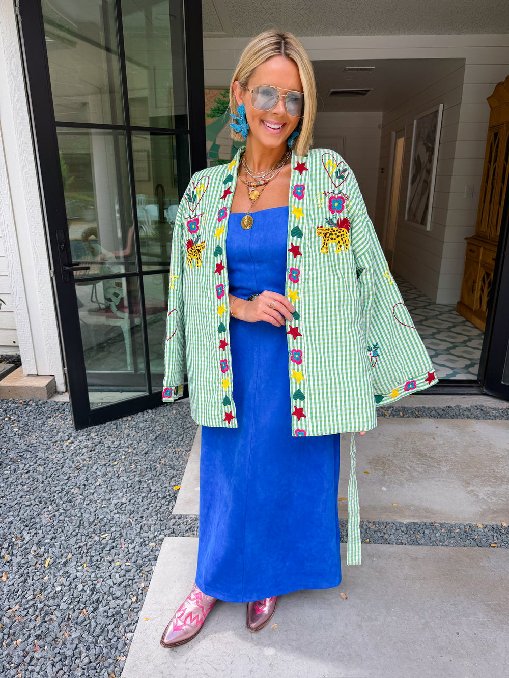 STATE OF SUNSHINE EMBROIDERED GINGHAM JACKET - GREEN