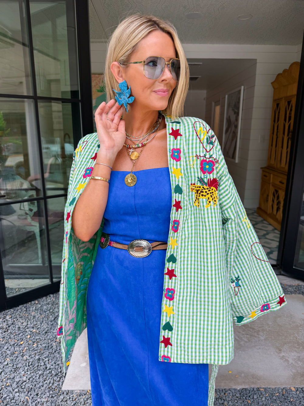 STATE OF SUNSHINE EMBROIDERED GINGHAM JACKET - GREEN