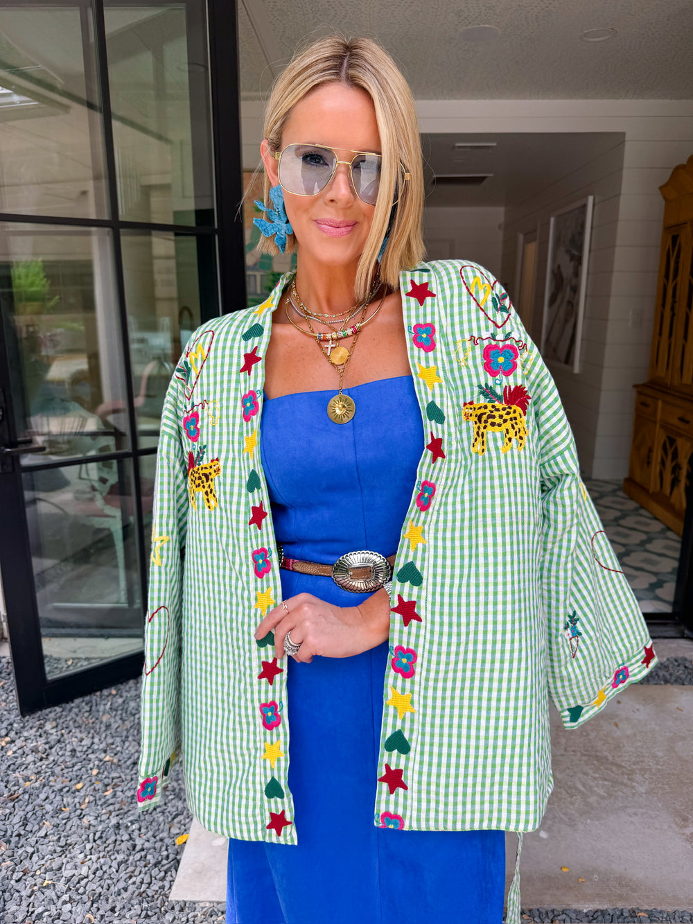 STATE OF SUNSHINE EMBROIDERED GINGHAM JACKET - GREEN