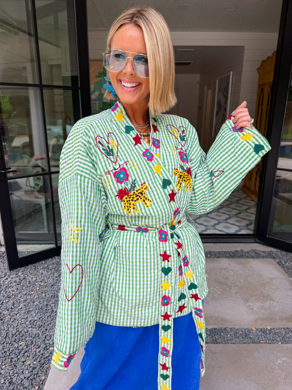 STATE OF SUNSHINE EMBROIDERED GINGHAM JACKET - GREEN