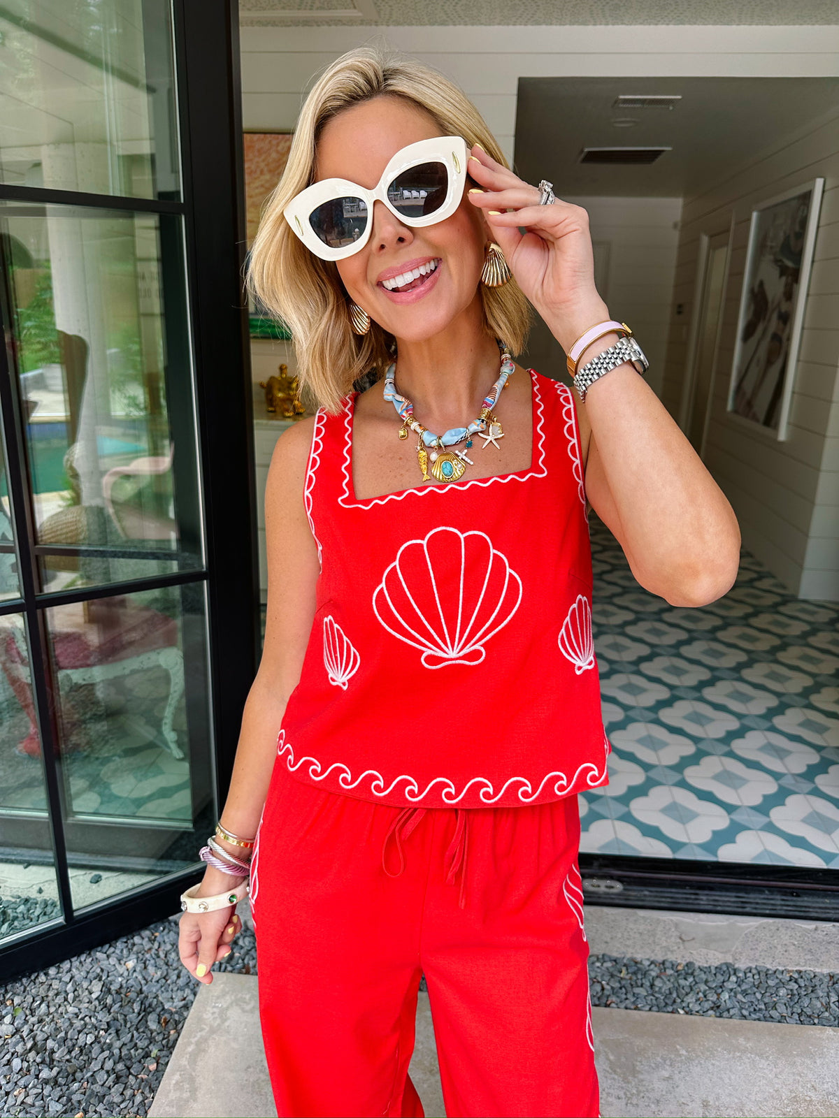 ISLAND ESCAPE SEASHELL PANT SET - RED
