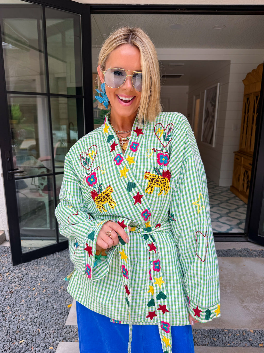 STATE OF SUNSHINE EMBROIDERED GINGHAM JACKET - GREEN