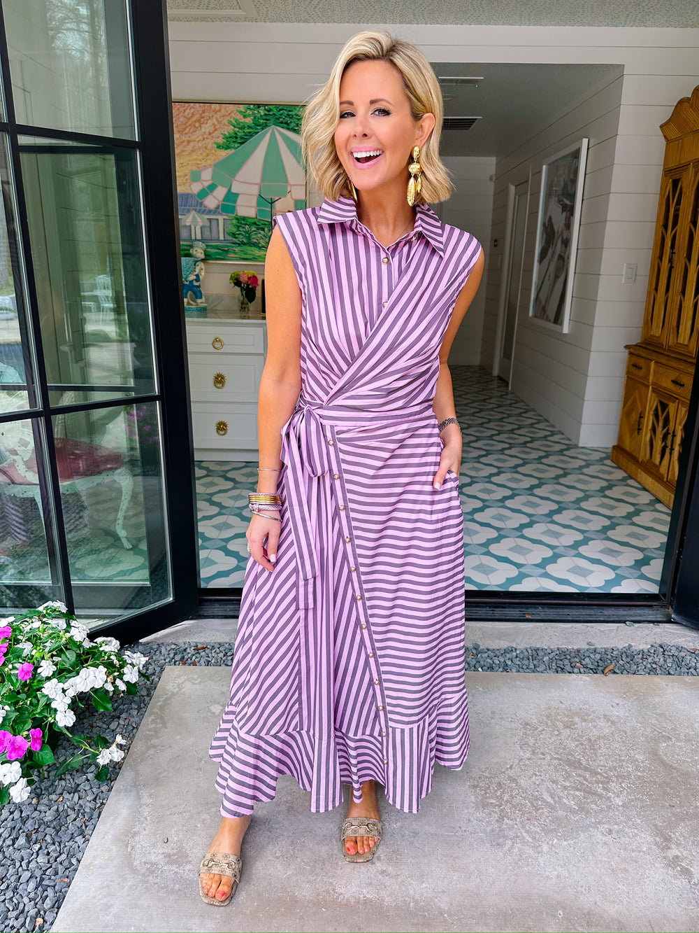 LEADING LINES STRIPE WRAP MIDI DRESS - PINK