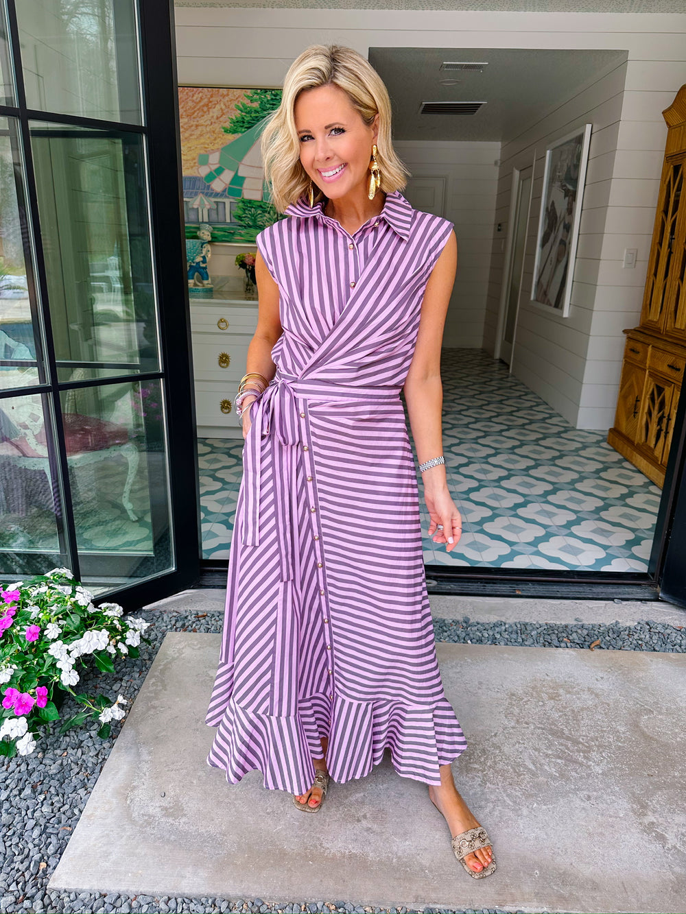 LEADING LINES STRIPE WRAP MIDI DRESS - PINK