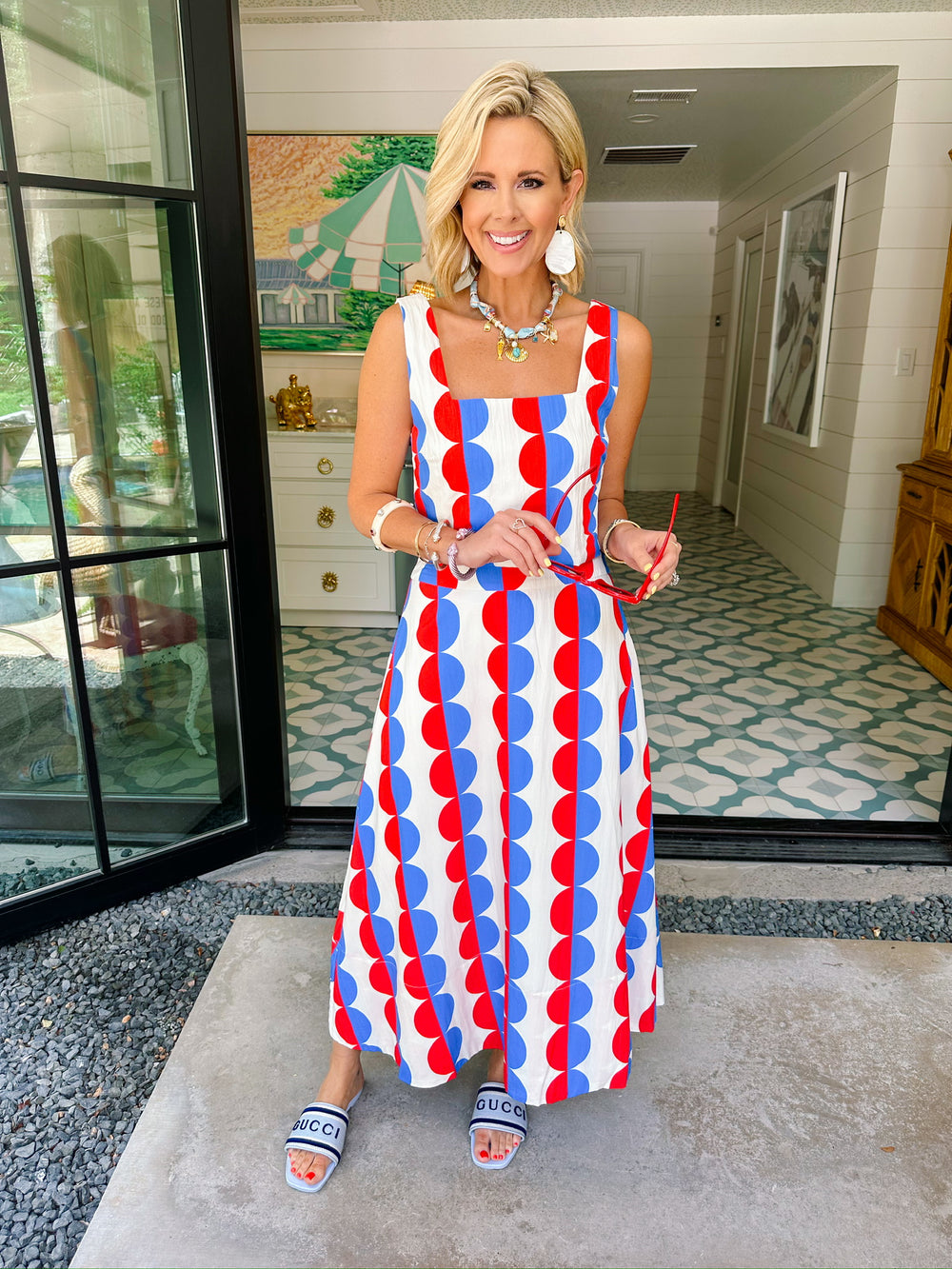 IN A SPLIT SECOND COLORBLOCK DOT MIDI SKIRT SET - RED/BLUE
