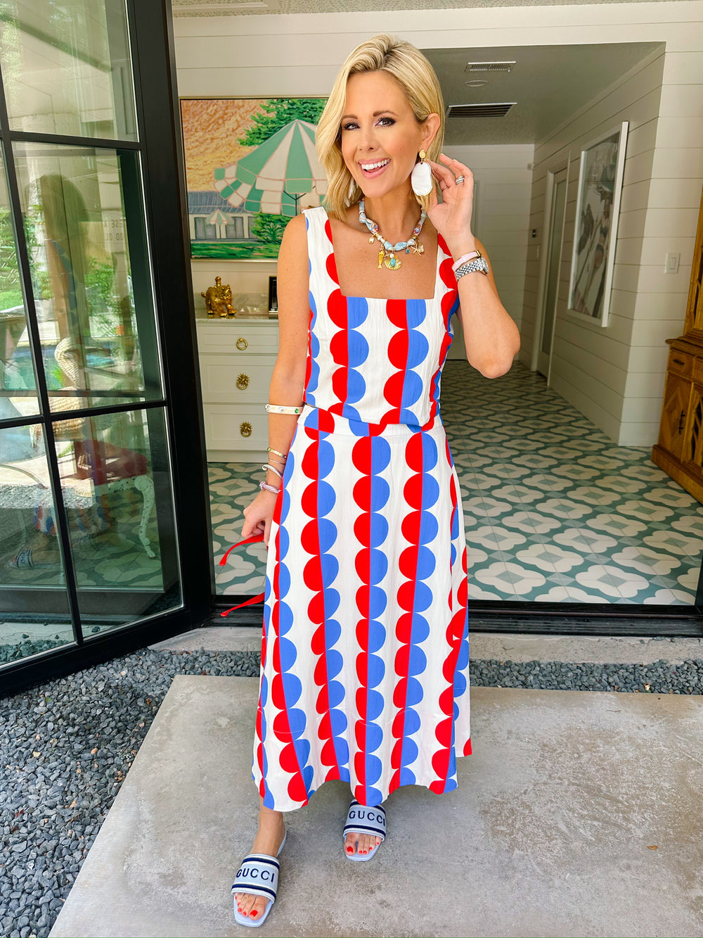 IN A SPLIT SECOND COLORBLOCK DOT MIDI SKIRT SET - RED/BLUE