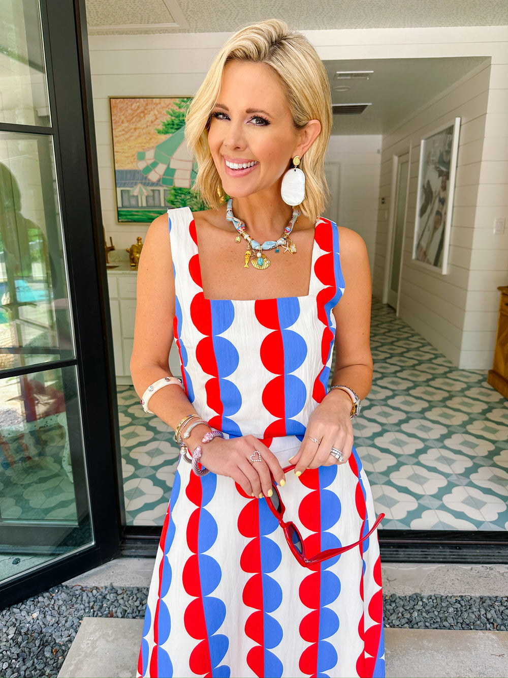 IN A SPLIT SECOND COLORBLOCK DOT MIDI SKIRT SET - RED/BLUE
