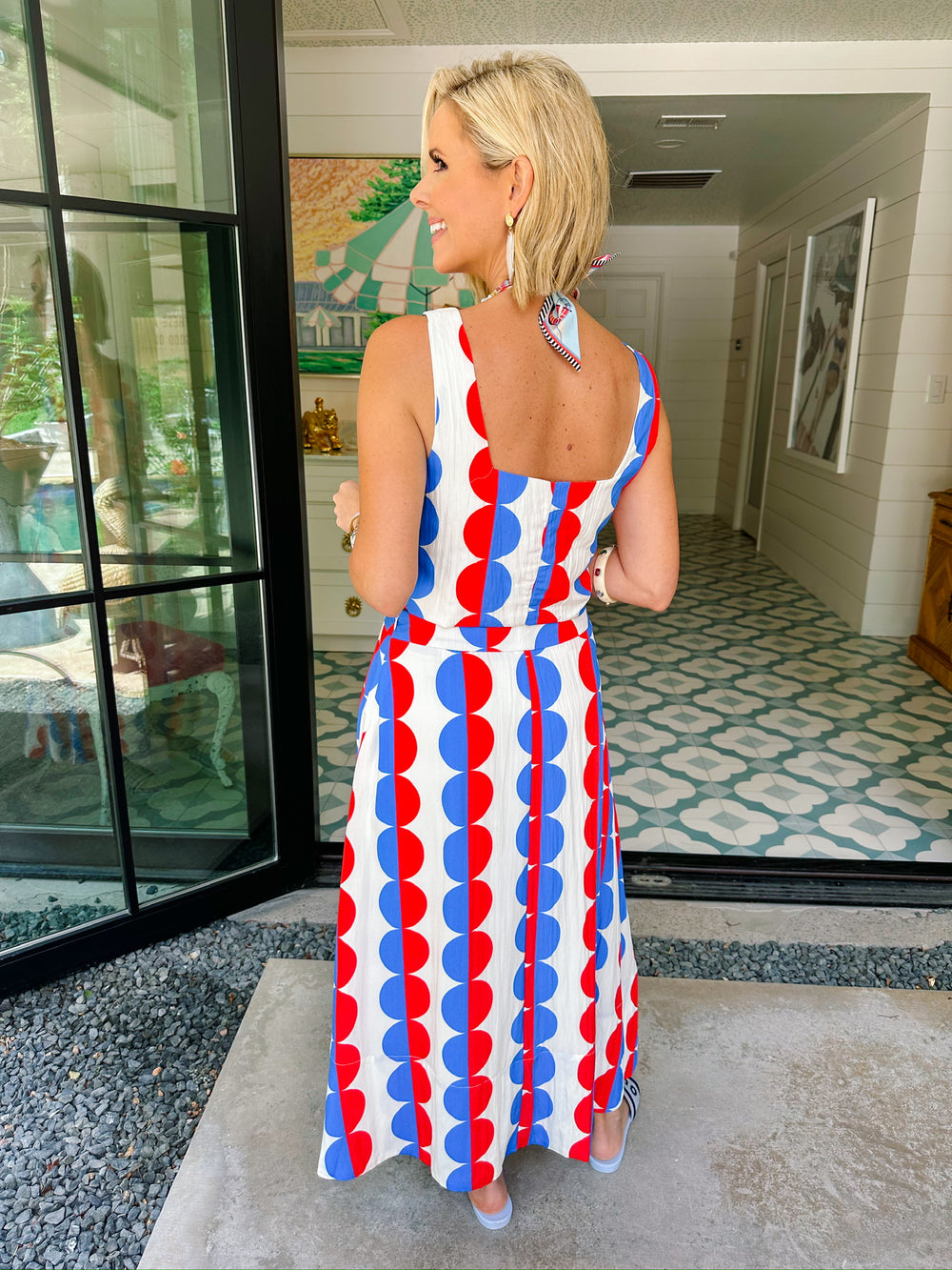 IN A SPLIT SECOND COLORBLOCK DOT MIDI SKIRT SET - RED/BLUE