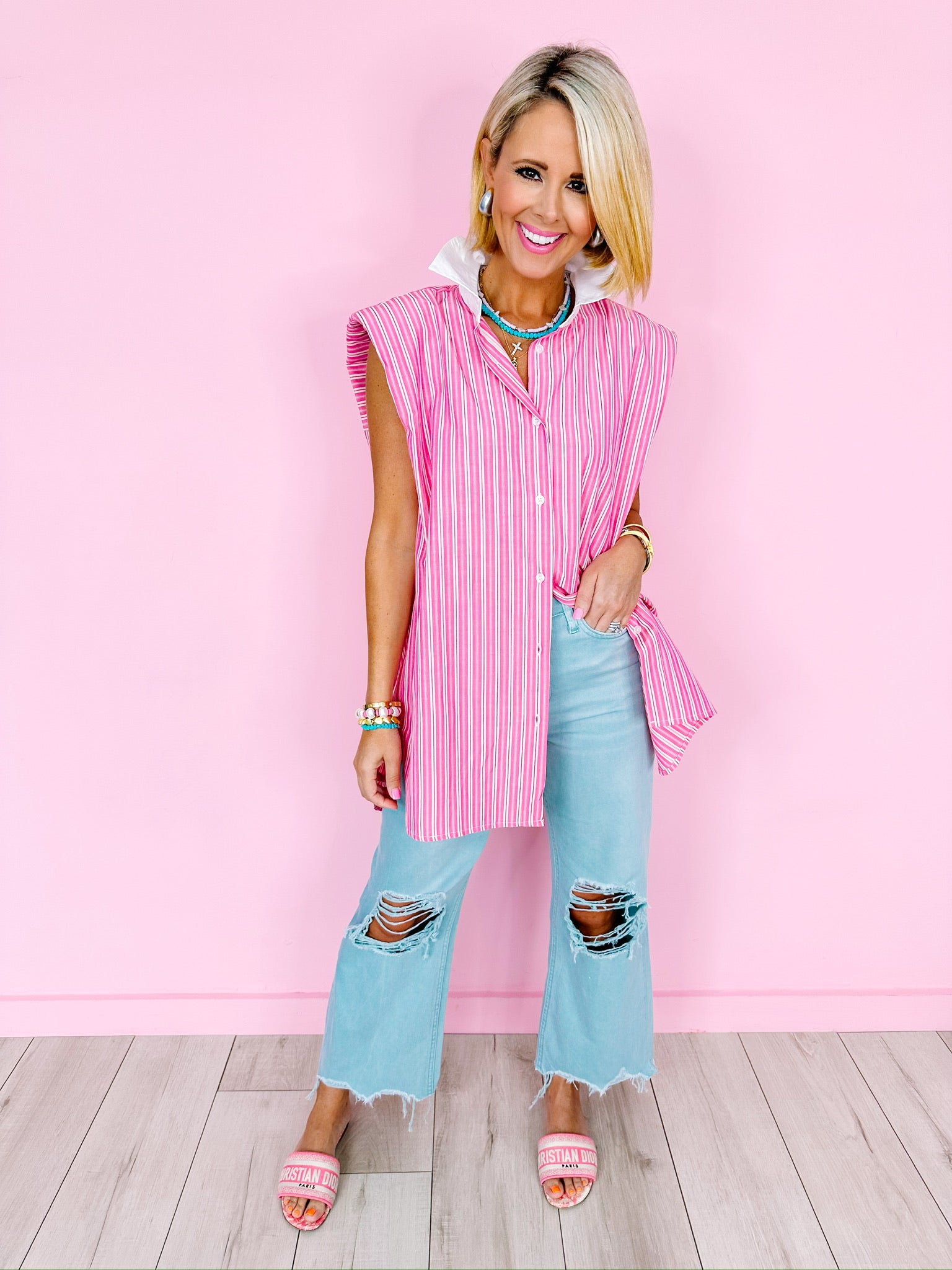 DIANA STRIPE BUTTON UP TOP - PINK