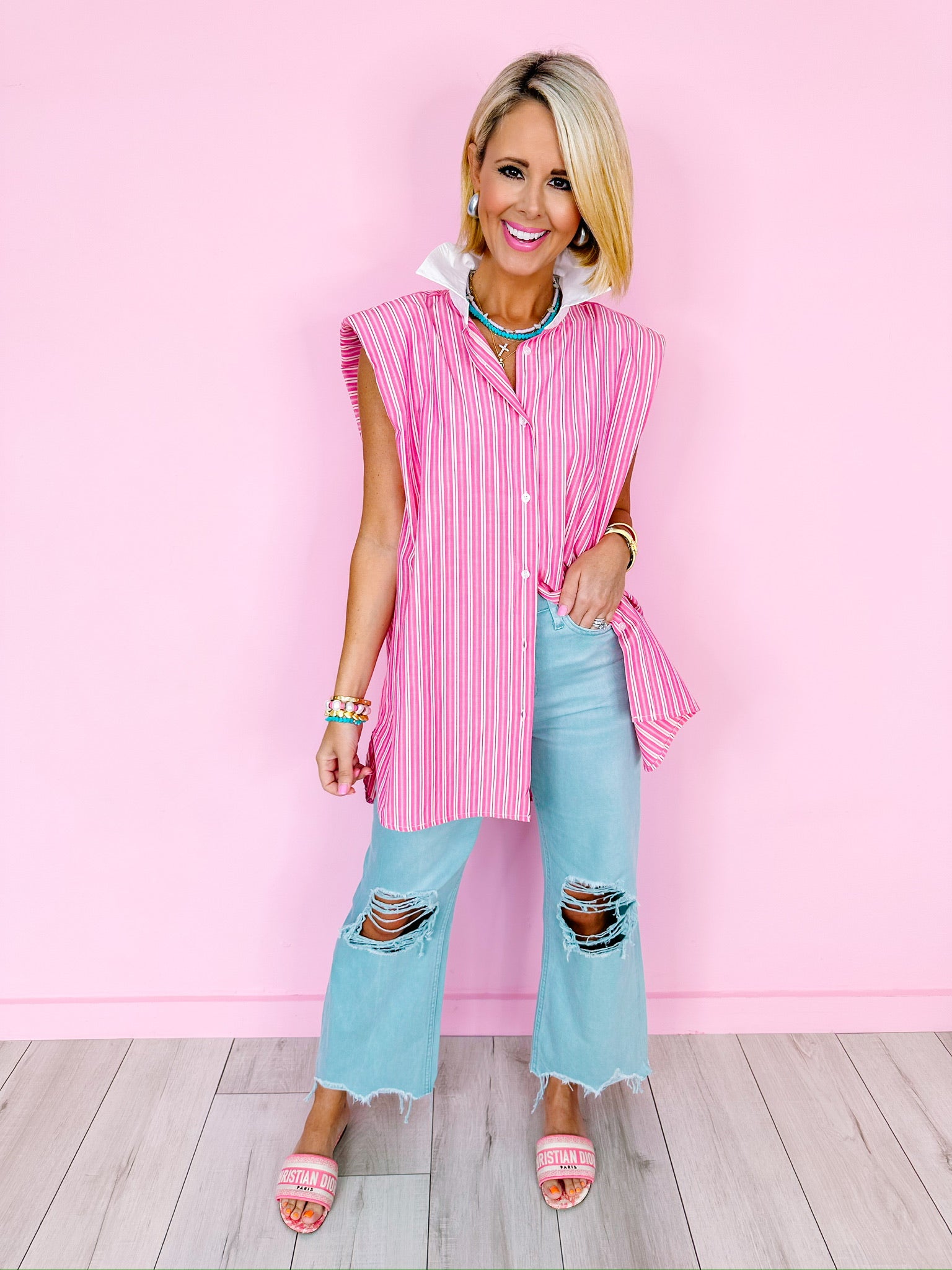 DIANA STRIPE BUTTON UP TOP - PINK