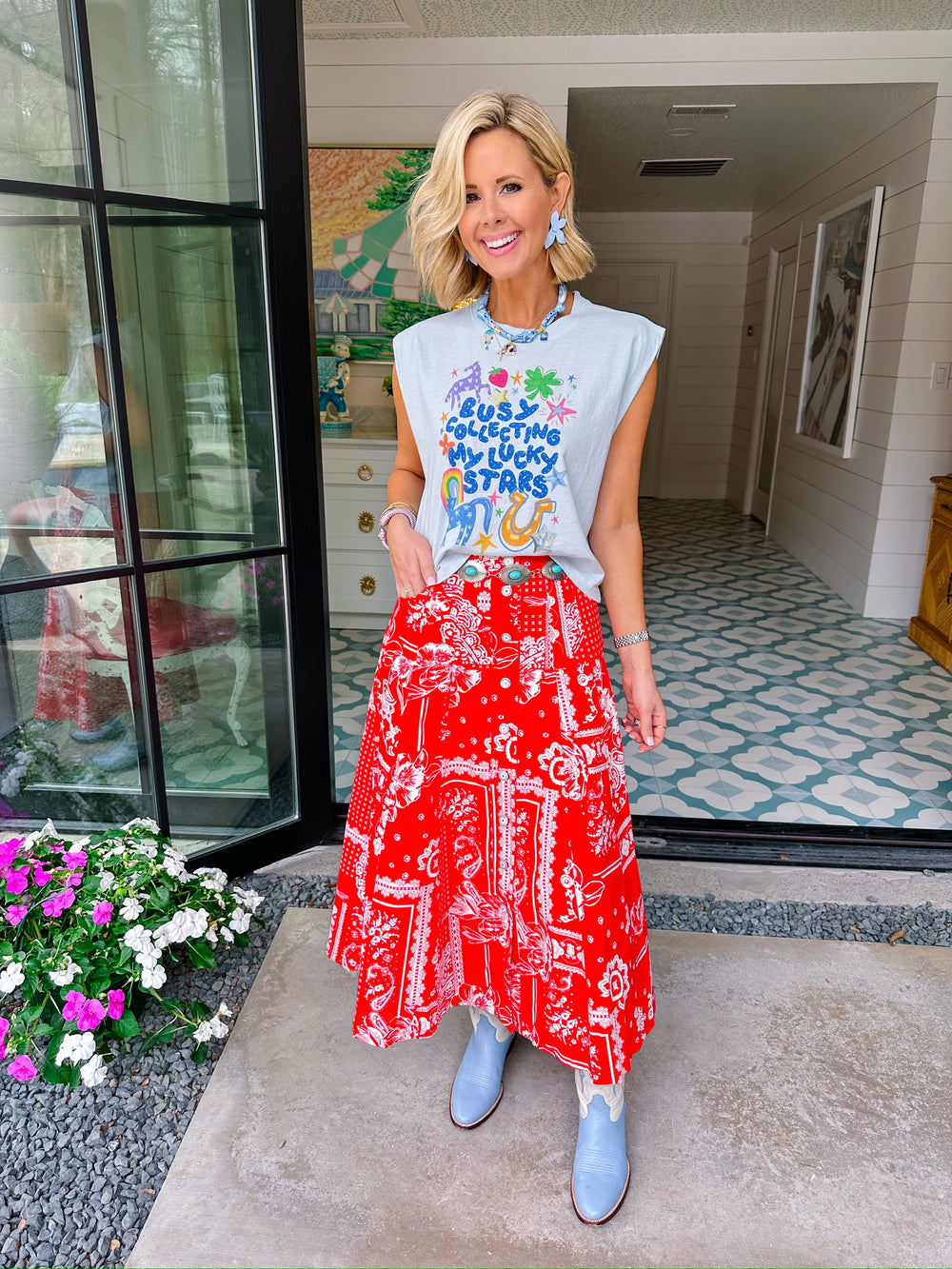 THE SUTTON BANDANA FLORAL MIDI SKIRT - RED