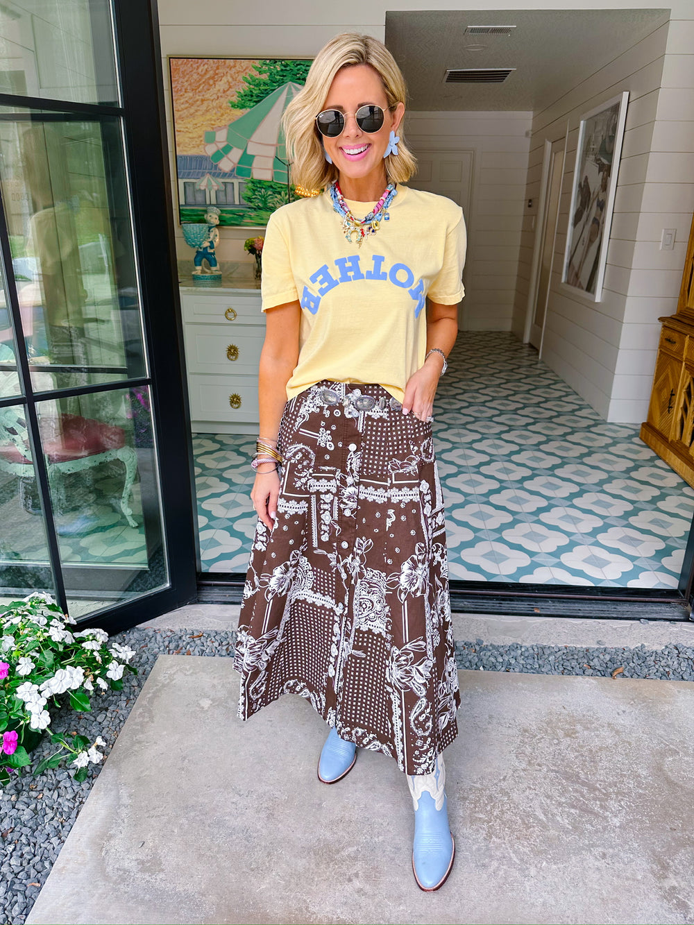 THE SUTTON BANDANA FLORAL MIDI SKIRT - BROWN