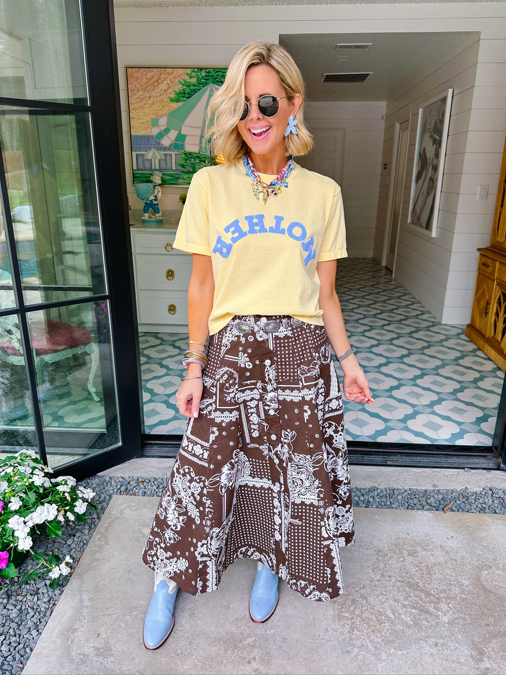 THE SUTTON BANDANA FLORAL MIDI SKIRT - BROWN