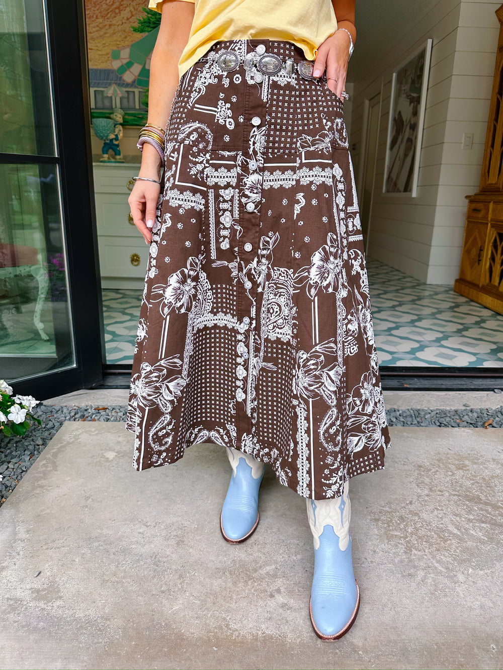 THE SUTTON BANDANA FLORAL MIDI SKIRT - BROWN