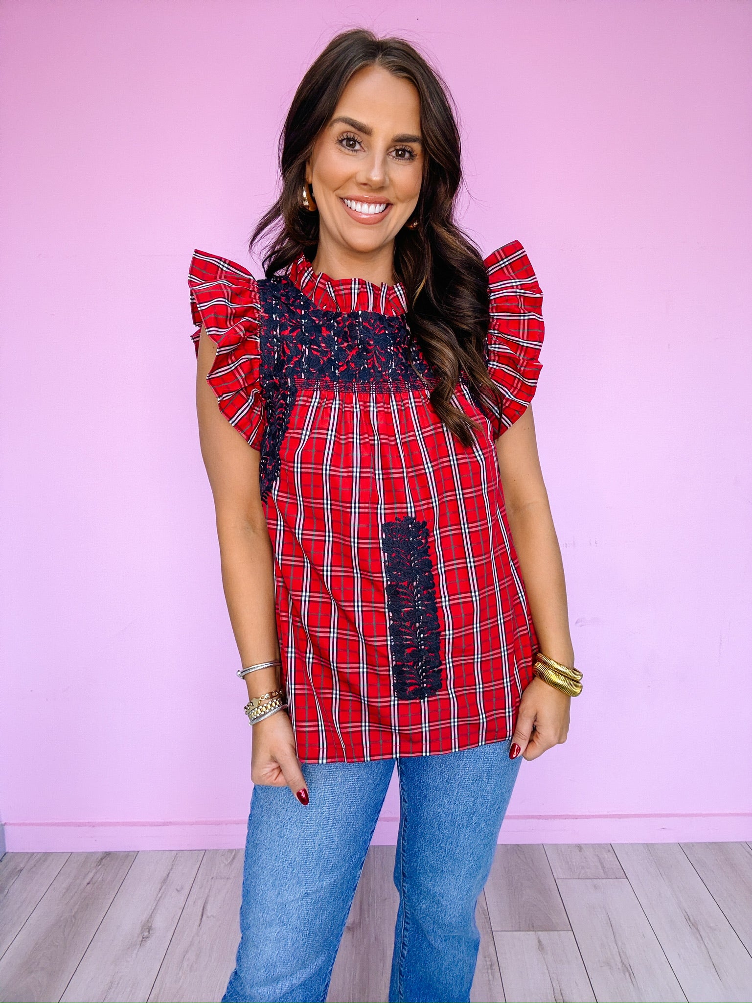 RAYNA RUFFLE GINGHAM EMBROIDERED TOP - RED