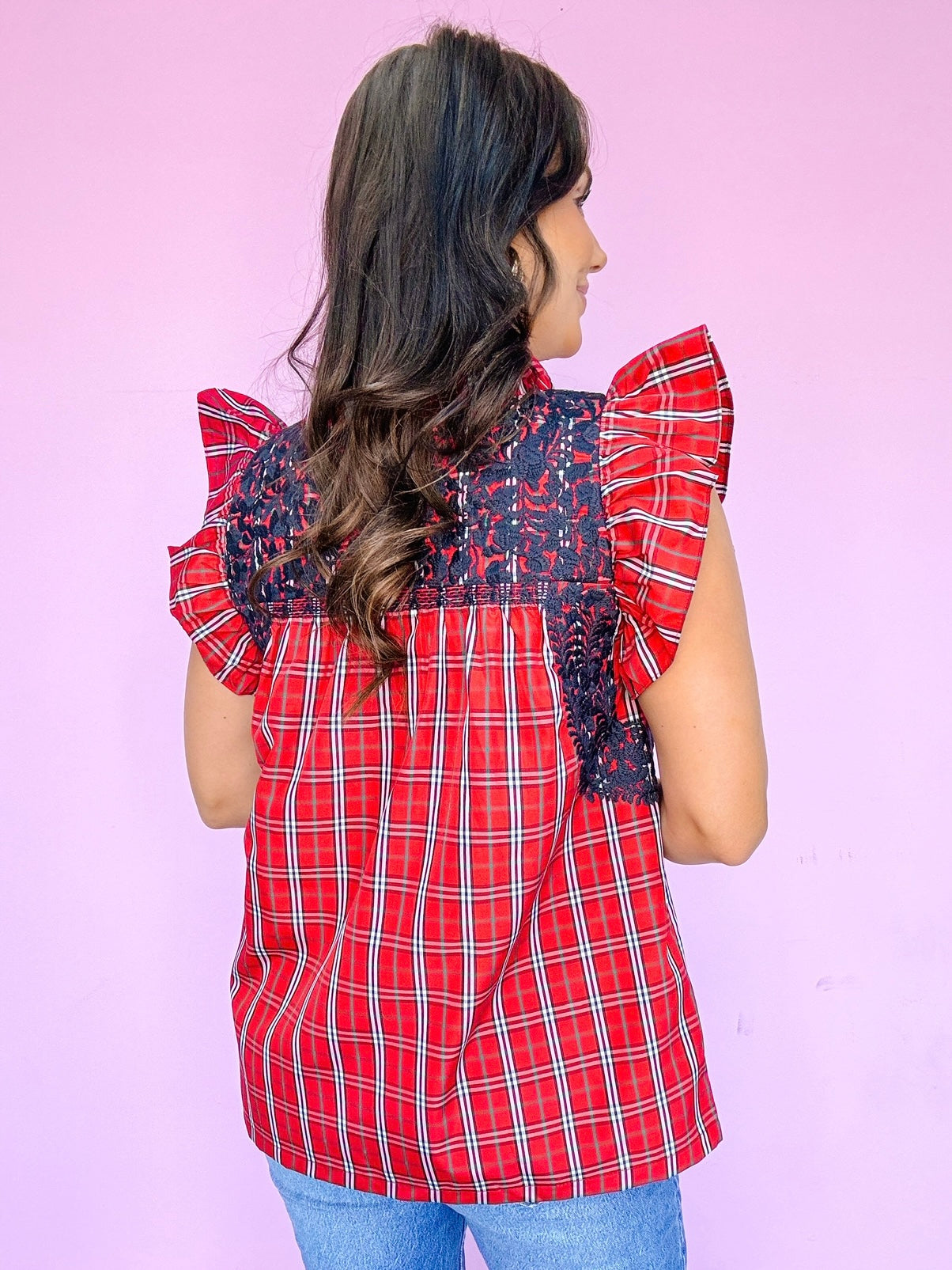 RAYNA RUFFLE GINGHAM EMBROIDERED TOP - RED