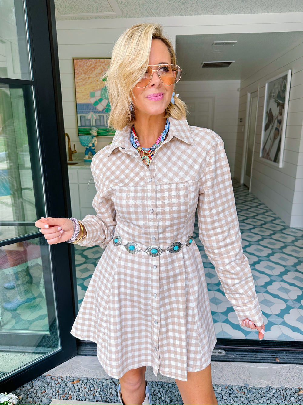 STAND BY YOU GINGHAM PEARL SNAP DRESS - TAN