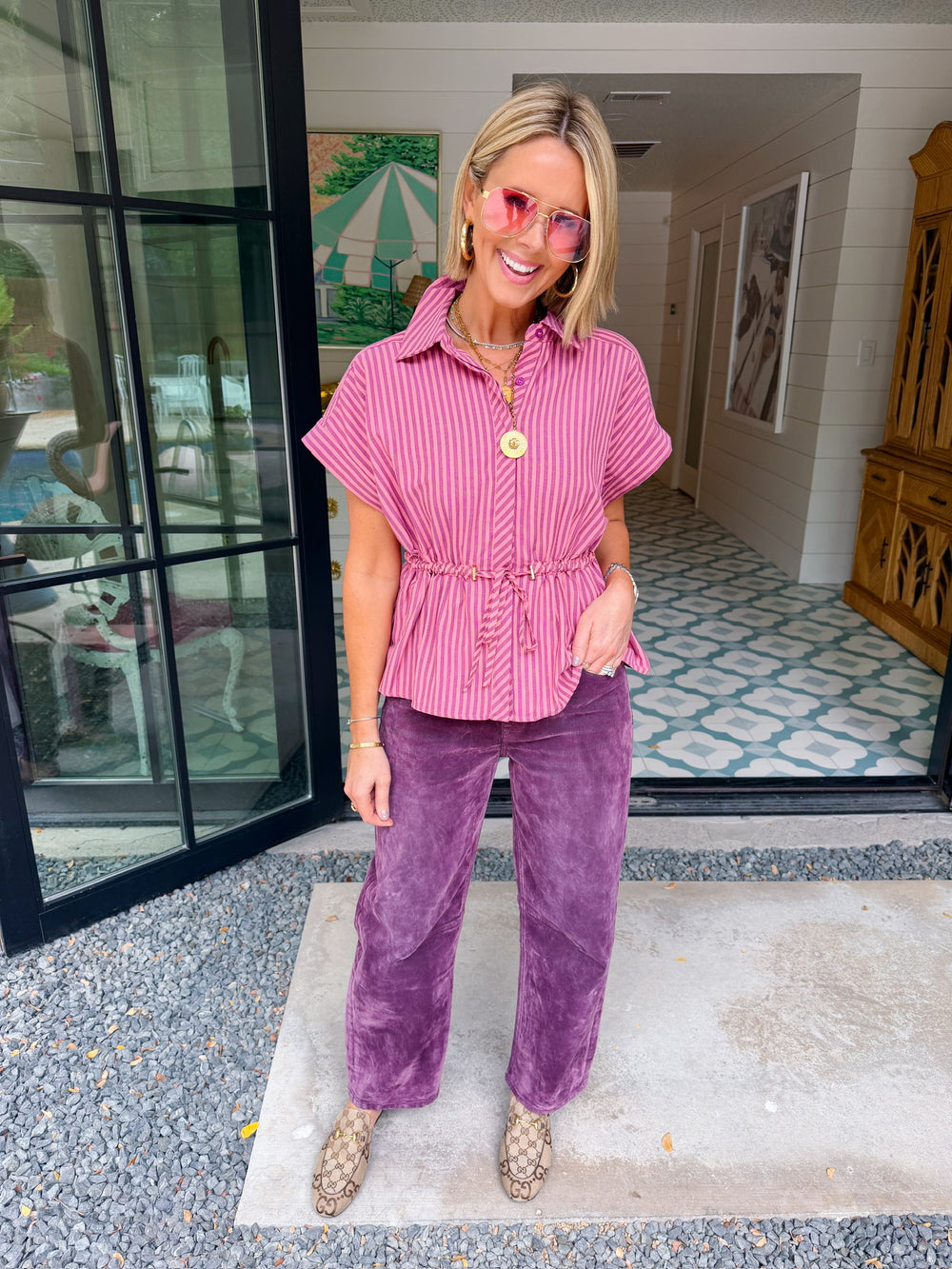 DOWN THE LINE DRAWSTRING STRIPE TOP - PINK