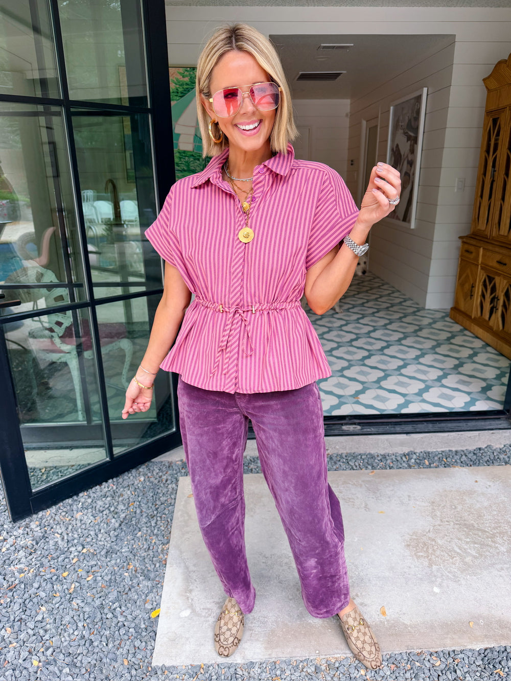 DOWN THE LINE DRAWSTRING STRIPE TOP - PINK