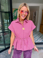 DOWN THE LINE DRAWSTRING STRIPE TOP - PINK