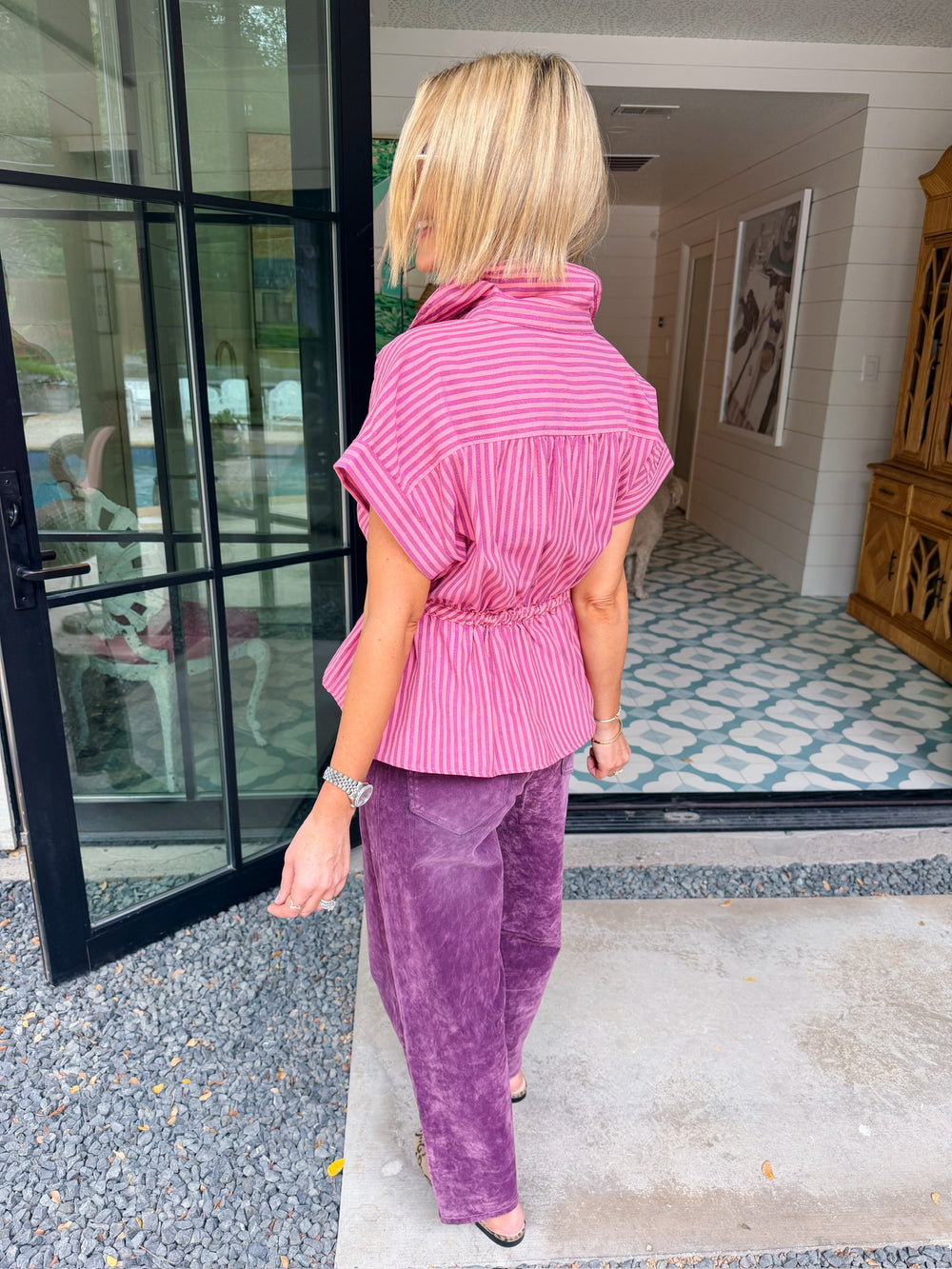DOWN THE LINE DRAWSTRING STRIPE TOP - PINK