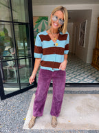 LUCY BOLD STRIPE SHORT SLEEVE CARDIGAN - BLUE/BROWN