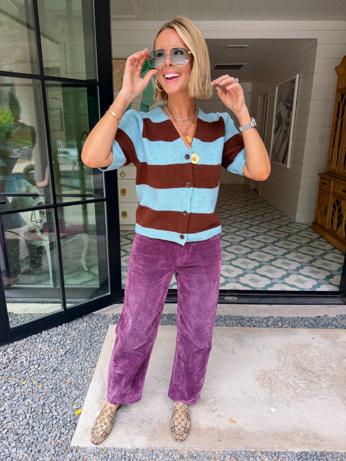 LUCY BOLD STRIPE SHORT SLEEVE CARDIGAN - BLUE/BROWN