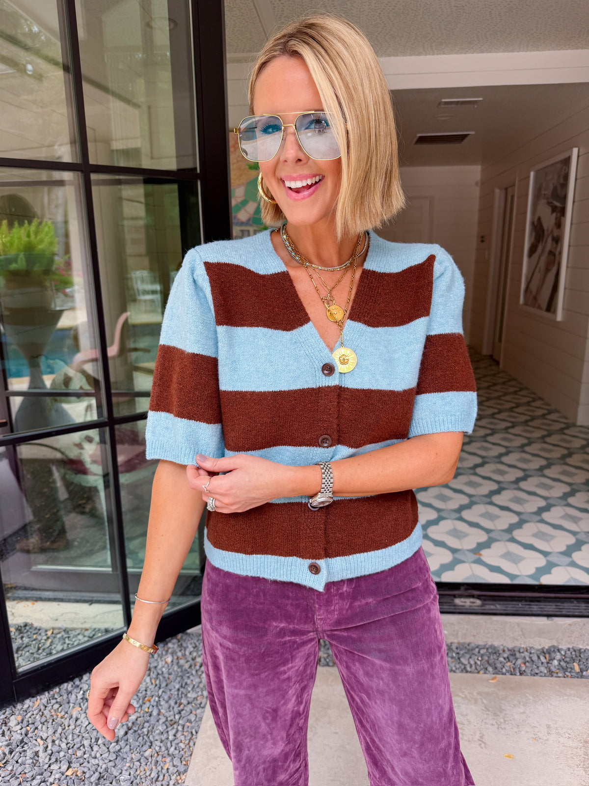 LUCY BOLD STRIPE SHORT SLEEVE CARDIGAN - BLUE/BROWN