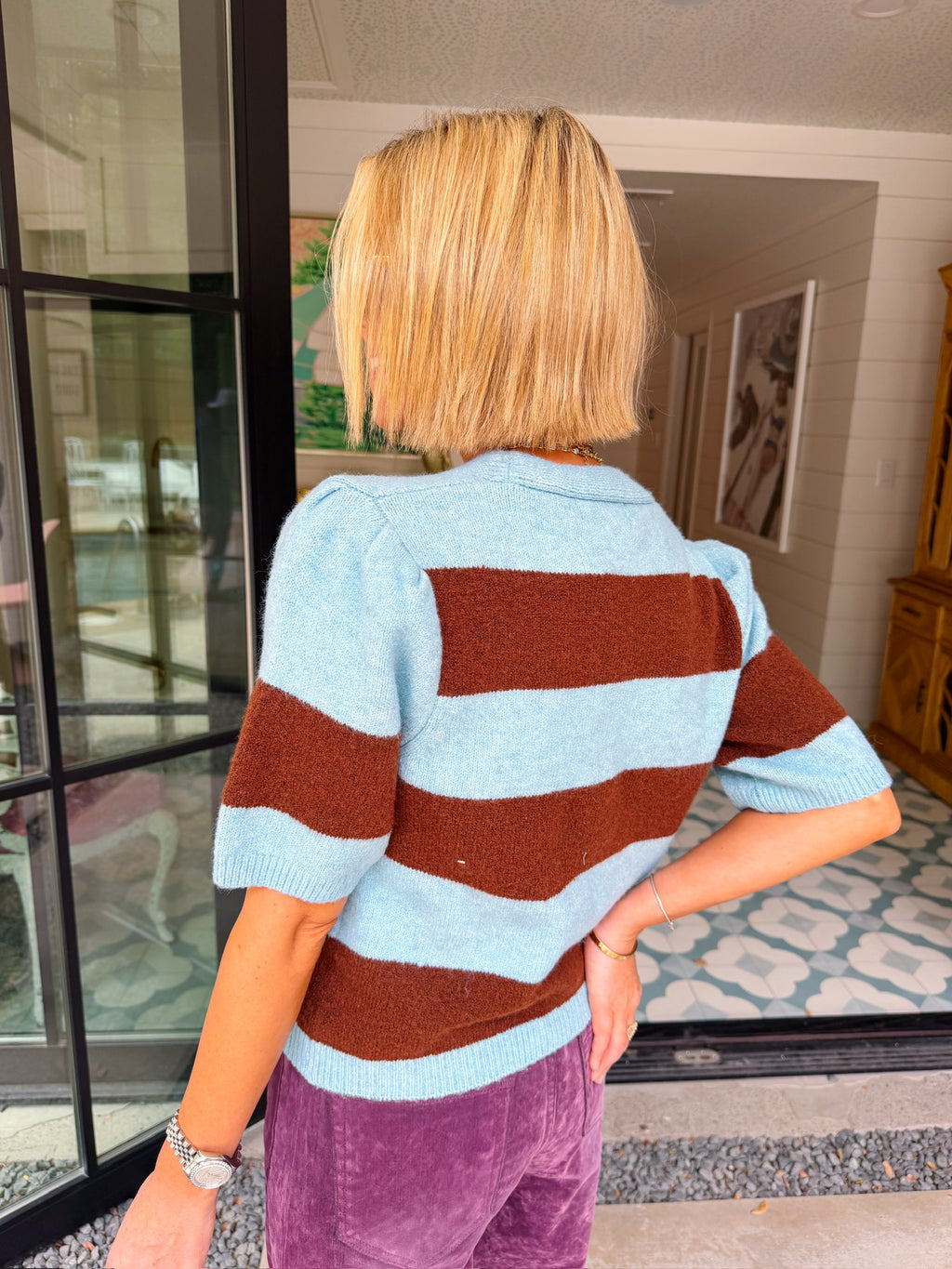 LUCY BOLD STRIPE SHORT SLEEVE CARDIGAN - BLUE/BROWN