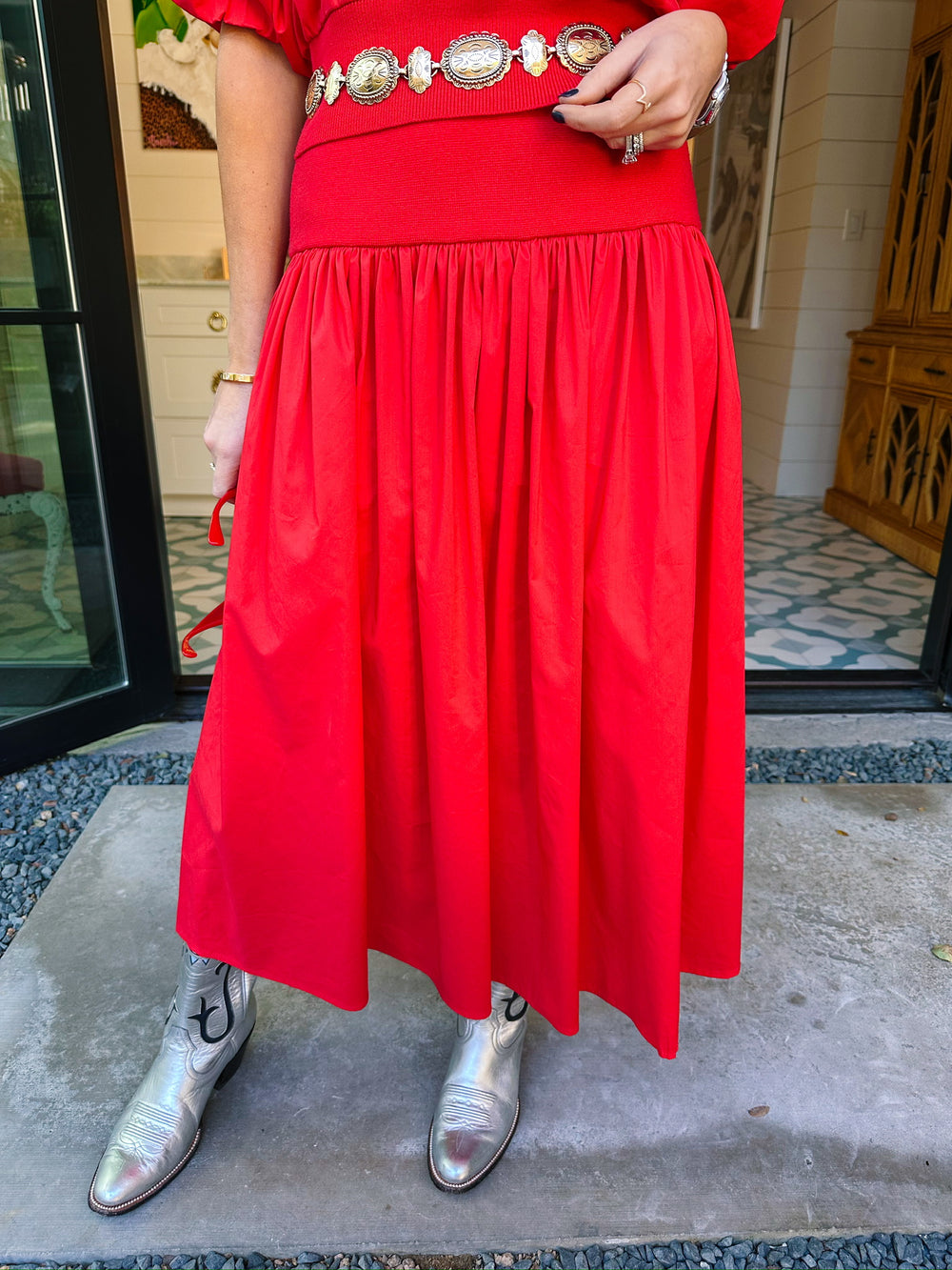 CASSANDRA POPLIN KNIT SKIRT SET - CHERRY RED