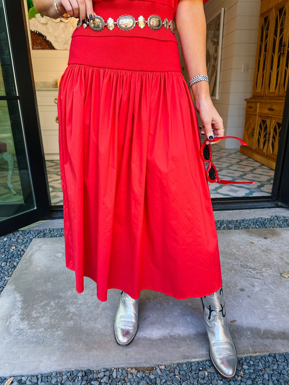 CASSANDRA POPLIN KNIT SKIRT SET - CHERRY RED