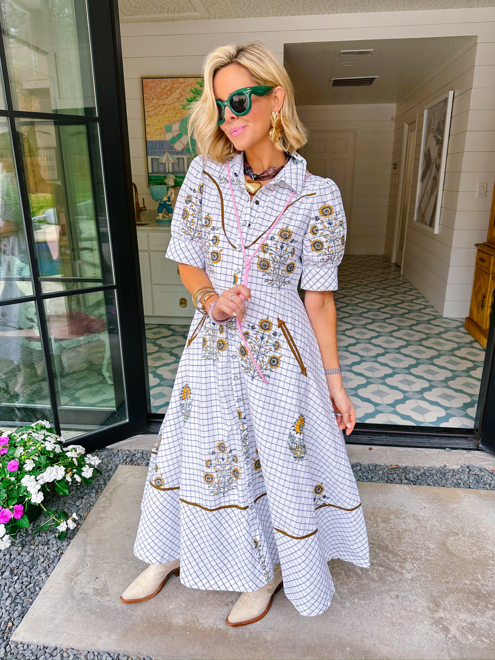 WHITNEY WESTERN FLAIR FLORAL MIDI DRESS - IVORY