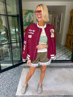 JUST ONE OF THEM DAYS RODEO PATCHWORK VARSITY BOMBER JACKET - PLUM