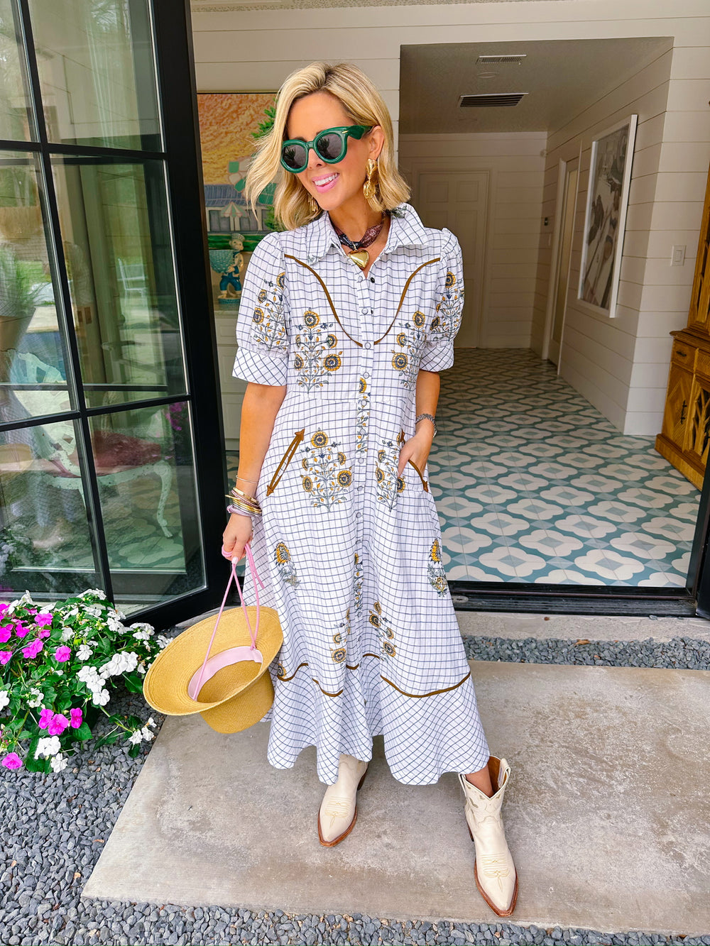 WHITNEY WESTERN FLAIR FLORAL MIDI DRESS - IVORY