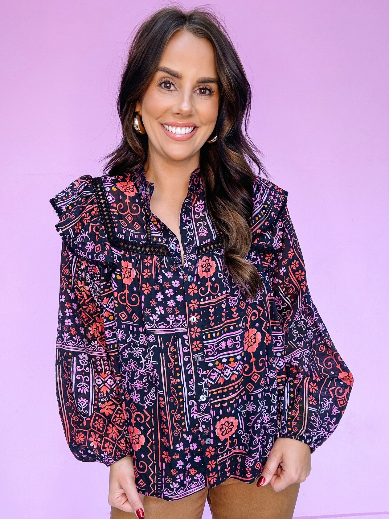 ALL I WANT FLORAL BUTTON UP TOP - BLACK