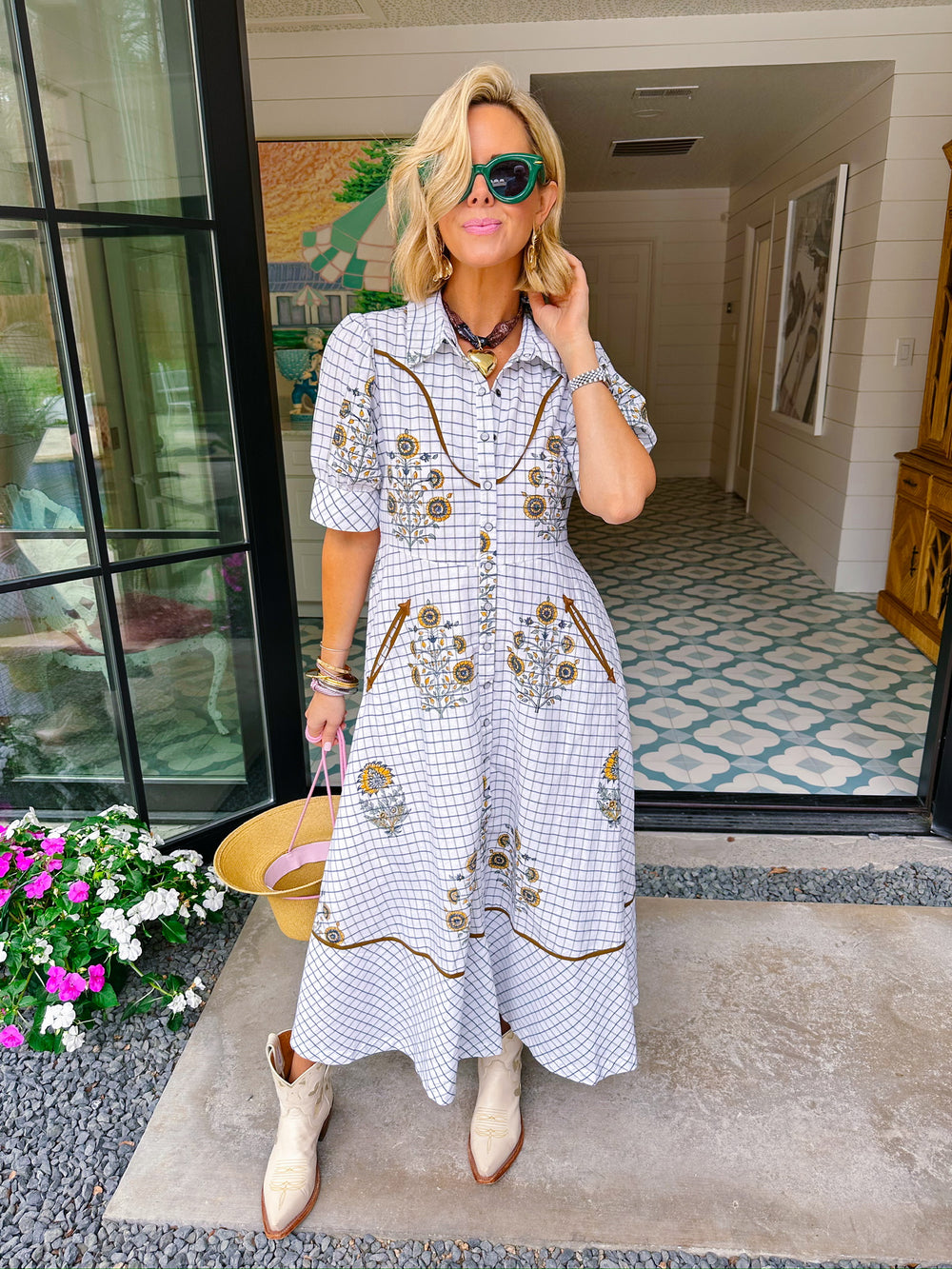 WHITNEY WESTERN FLAIR FLORAL MIDI DRESS - IVORY