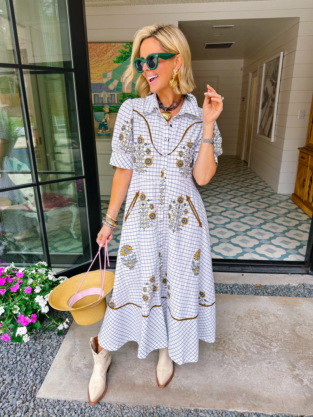 WHITNEY WESTERN FLAIR FLORAL MIDI DRESS - IVORY