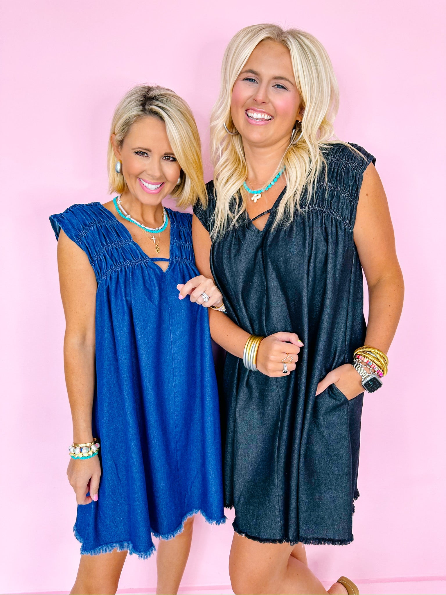 DYING FOR DENIM SMOCKED V NECK DRESS - BLACK DENIM