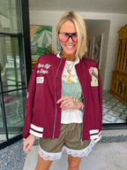 JUST ONE OF THEM DAYS RODEO PATCHWORK VARSITY BOMBER JACKET - PLUM