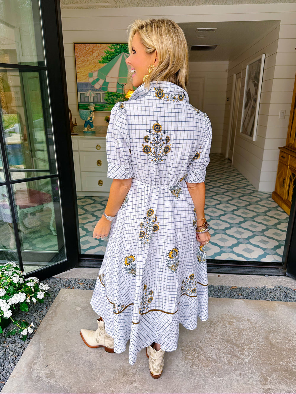 WHITNEY WESTERN FLAIR FLORAL MIDI DRESS - IVORY