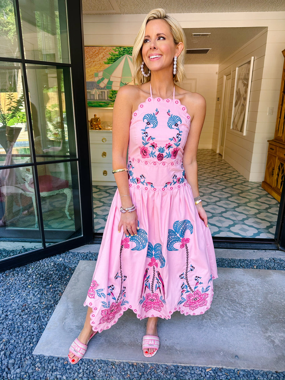 PINK PARADISE SCALLOP TRIM HALTER MIDI DRESS