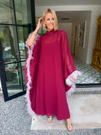 GRACE KELLY SHEER FEATHER TRIM MAXI DRESS - BURGUNDY