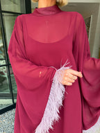 GRACE KELLY SHEER FEATHER TRIM MAXI DRESS - BURGUNDY