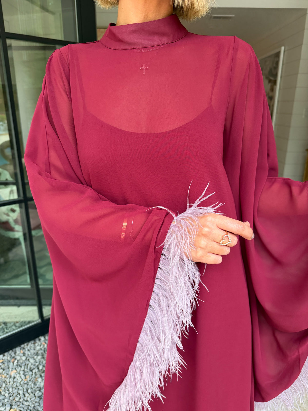GRACE KELLY SHEER FEATHER TRIM MAXI DRESS - BURGUNDY